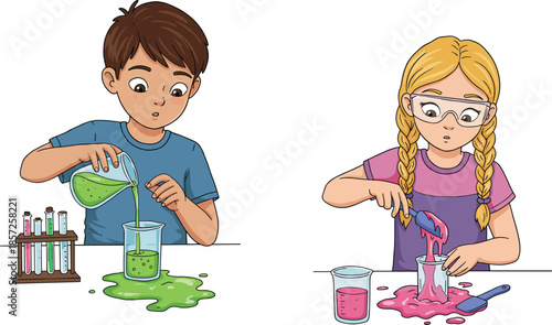 Children science experiment, kids chemistry activity, colorful liquids overflowing, classroom learning, STEM education, messy fun, laboratory beakers, teamwork discovery, curiosity exploration