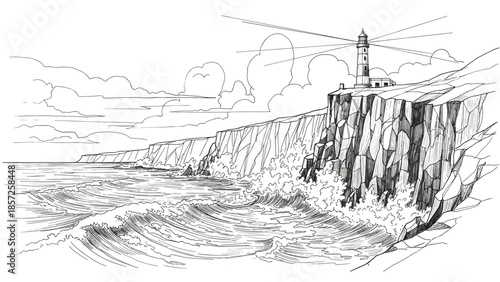 Dramatic lighthouse standing tall on rugged cliffside by the sea, Generative AI.