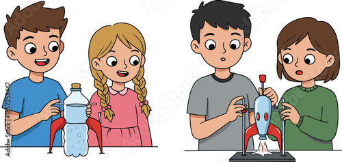 Children science experiment with homemade rocket, kids launching bottle rocket and model rocket, STEM education activity, teamwork, learning outdoors