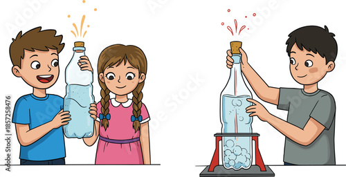 Children science experiment with bottle reaction, kids learning chemistry through fizzy liquid experiment, STEM education, teamwork, outdoor fun activity