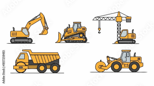 Heavy machinery equipment collection for construction site operations viewed from a distant perspective
