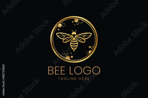 Bee Insect in Golden Floral Circle Frame Vector logo template