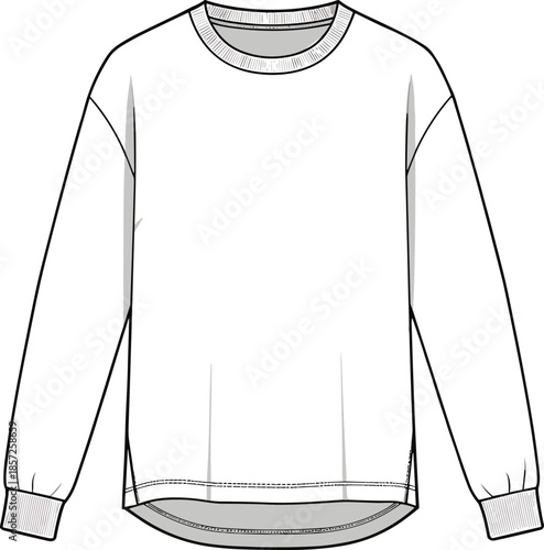 Crew neck sweatshirt fashion flat sketch, front and back technical illustration, apparel design template, ribbed cuffs, curved hem, seam construction reference