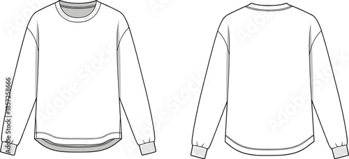 Crew neck sweatshirt fashion flat sketch, front and back technical illustration, apparel design template, ribbed cuffs, curved hem, yoke seam reference