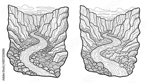 Winding river through rugged canyon landscape with rocky cliffs, Generative AI.