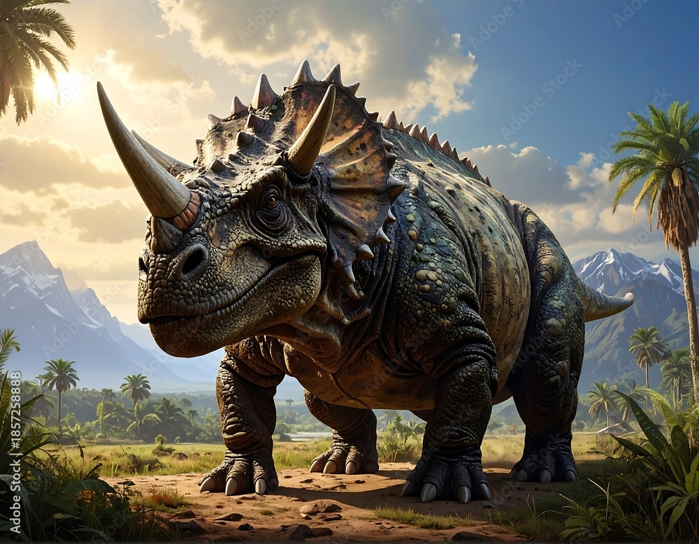 Fototapeta premium Large triceratops walks through sunny prehistoric landscape with palm trees