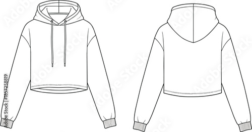 Cropped hoodie flat sketch with ribbed cuffs and hem, technical fashion drawing, CAD apparel vector, garment construction illustration, clothing design template