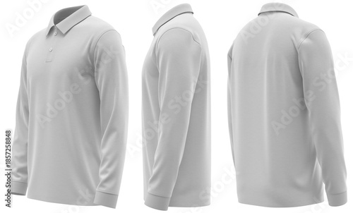 Polo shirt long sleeve with cuff and rib collar, men’s style, 2-button placket. High-quality apparel design. White Color 