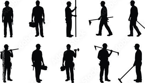 Construction worker silhouettes with tools, labor men vector illustration, building site activity design, industrial workforce artwork, construction job concept, manual work graphic