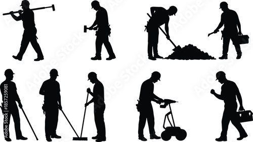 Construction worker silhouettes with tools, labor men vector illustration, building site activity design, industrial workforce artwork, construction job concept, manual work graphic