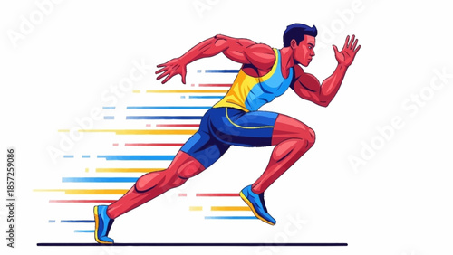 Dynamic Illustration of a Male Athlete Sprinting Forward with Vibrant Motion Lines