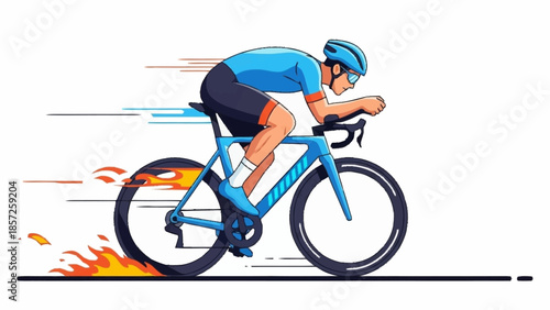 Cyclist riding a bicycle with motion blur effect on a plain white background from a side viewpoint