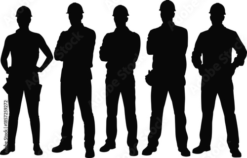 Construction worker silhouettes, engineering team illustration, hard hat safety, industrial workforce unity, professional builders crew, labor industry teamwork, confident worker group design