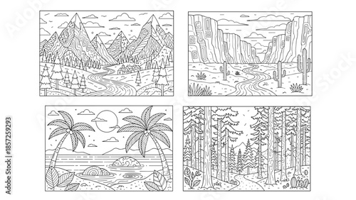 Scenic landscapes for coloring book with mountains desert beach and forest, Generative AI.
