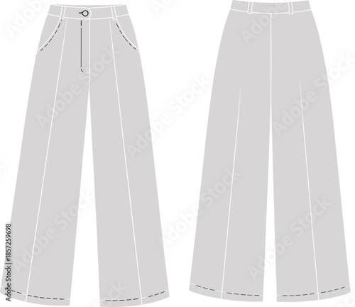 CAD drawing flat vector illustration, wide-leg trousers fashion flat sketch, high waist, belt loops, side pockets, technical garment design, sewing pattern