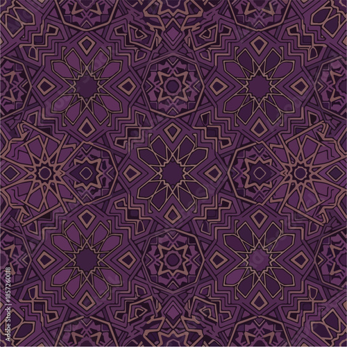 Intricate purple and gold geometric pattern with interconnected shapes and lines in a seamless design on a solid background.