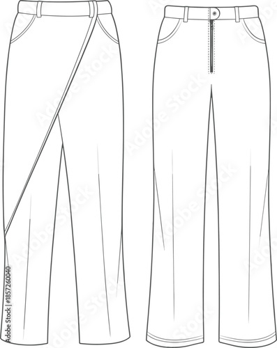 Asymmetrical overlay pants technical flat, straight leg trousers front and back view, garment CAD drawing, sewing pattern vector fashion illustration