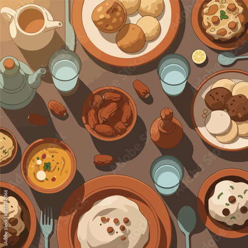 Overhead view of various dishes and utensils arranged on a table with warm earthy tones and soft shadows.