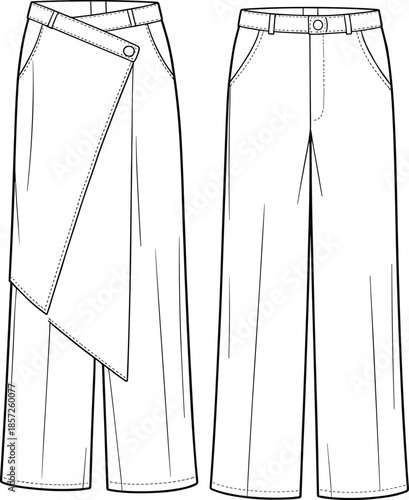 Asymmetrical overlay pants technical flat, wide leg trousers front and back view, garment CAD drawing, sewing pattern vector fashion illustration
