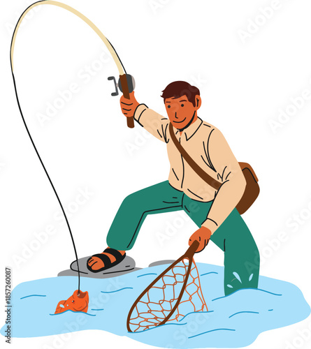 man fihsing in the river with fishing rod and landing net