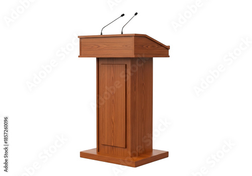 Wooden podium with microphones isolated on transparent background
