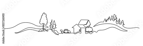 Rural landscape continuous one line vector drawing. Lake house in the woods hand drawn silhouette. Country nature panoramic sketch	