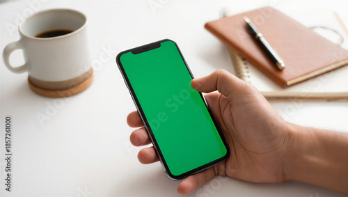 Hand Holding Smartphone with Green Screen Display for Digital Content Mockup & App Showcase
