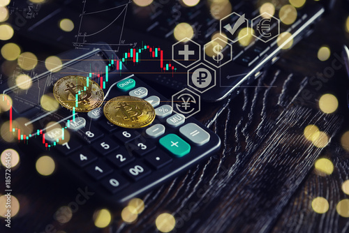 Bull market trend. Cryptocurrency. Bitcoin Stock Growth. Chart shows a strong increase in the price of bitcoin. Investing in virtual assets. Investment platform with charts and bitcoin coin. © alexkich