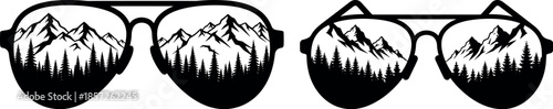 Outdoor Adventure Sunglasses with Mountain Range and Pine Forest Reflection Silhouette Vector Illustration for Travel and Hiking