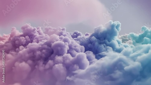 Soft and gentle slow motion movement of pastel pink and blue gradient cloud shapes blending together seamlessly creating a soothing ambient texture tranquil, presentation, pastel