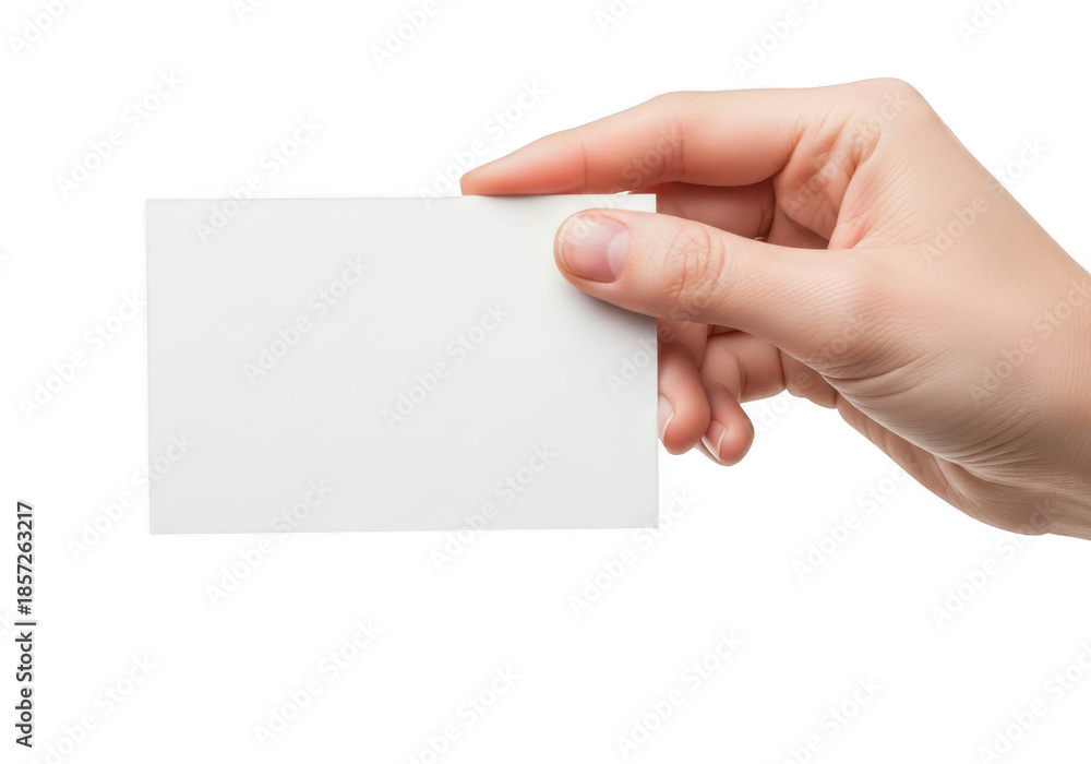 Obraz premium Hand holding a blank white business card isolated on transparent background