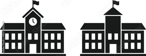 School building silhouettes, education architecture icons, academic campus structures, clock tower institutions, black landmark symbols isolated on white background