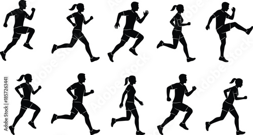 Male and female runner silhouettes, athletic training poses, dynamic fitness motion, sprint jogging action, black human figures isolated white background