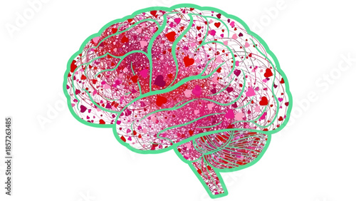 Vibrant brain illustration with hearts symbolizing love and intelligence