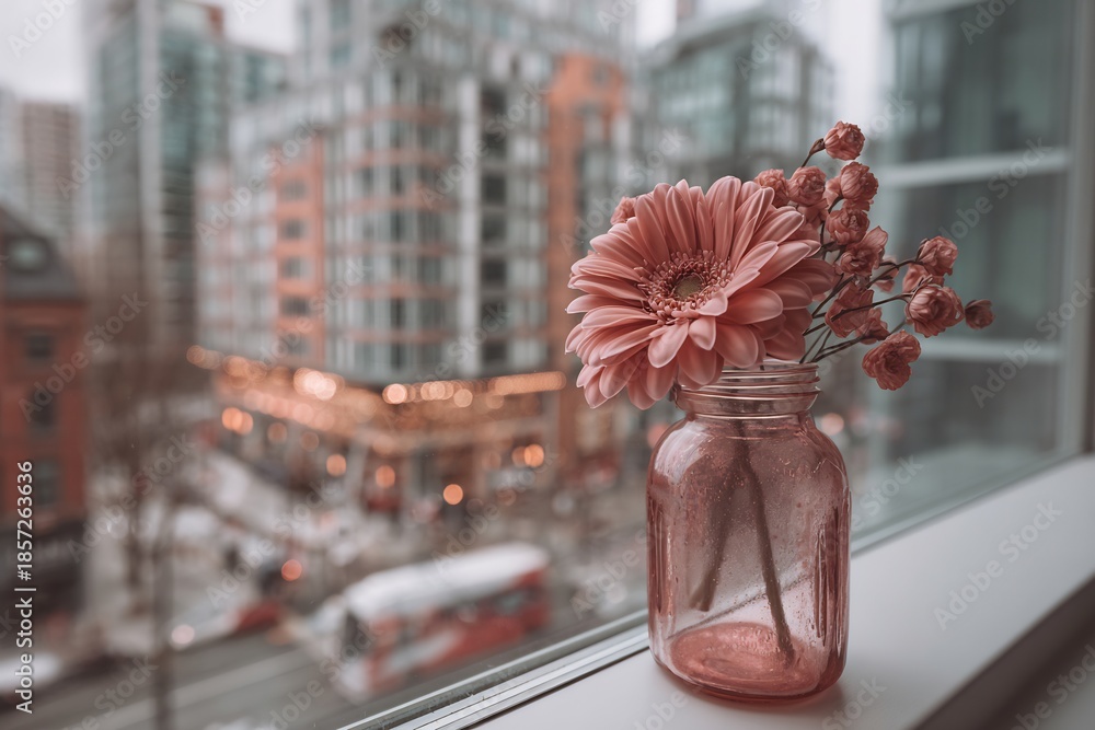 Obraz premium Pink Gerbera Daisy in a Jar on Windowsill with Cityscape Blurred Background.
