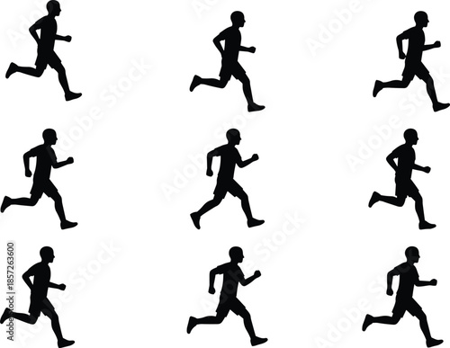 Male runner silhouettes, athletic running poses, fitness sprint motion, active lifestyle concept, black human figures isolated on white