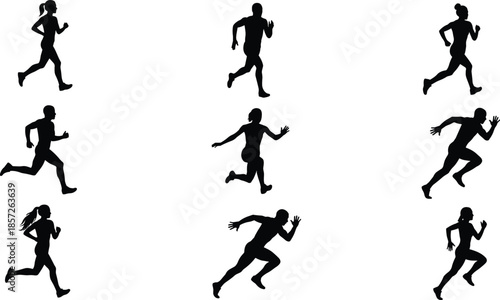 Running people silhouettes, male and female athletes, dynamic fitness motion, sprint and jogging poses, black human figures isolated white background