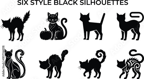 Six style black cat silhouettes collection, spooky halloween feline graphic set illustration