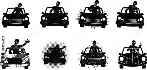 Zombie drivers in cars spooky undead automotive apocalypse icons collection set illustration