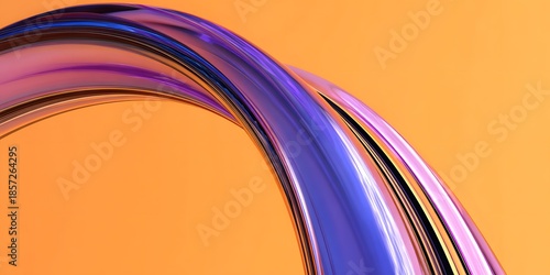 Abstract flowing ribbon of iridescent purple and blue hues against a vibrant warm orange background creating a dynamic and modern visual art piece