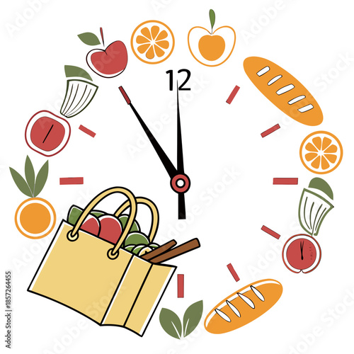 A colorful clock face featuring various food items like fruits bread and a shopping bag set to twelve o clock