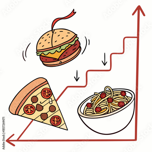 Illustrating the rising costs of popular fast food items like burgers pizza and pasta over time with a graphic