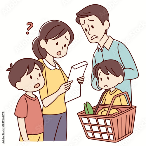 a concerned family of four looks at a bill while grocery shopping displaying worry and financial stress