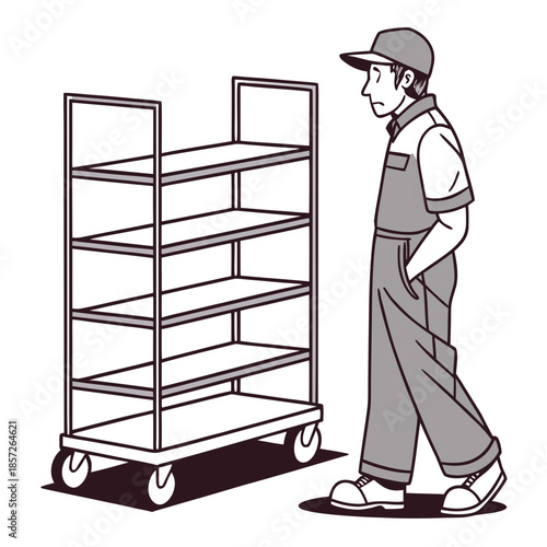 A delivery worker pushing an empty metal utility cart on a simple background showcasing logistics and transport