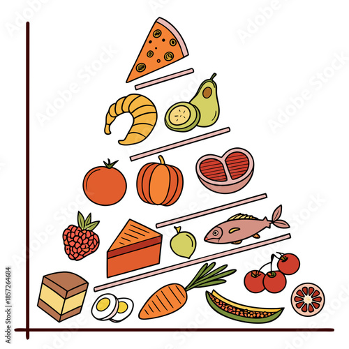 A colorful illustration showcasing a stacked arrangement of various foods forming a triangular festive composition high quality professional