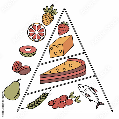 A vibrant triangular illustration showcases diverse food groups including fruits sweets proteins and grains arranged in distinct layers