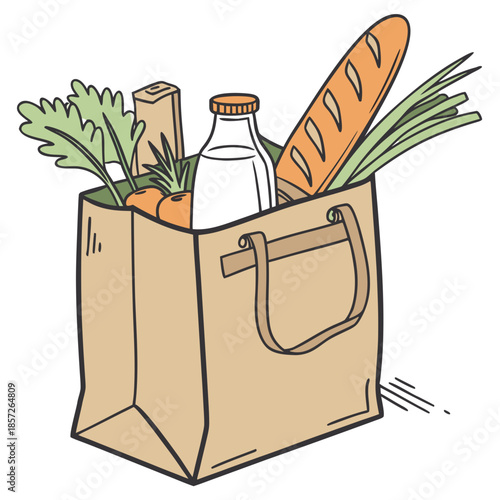 A brown paper bag filled with groceries including bread milk vegetables and a bottle of orange juice