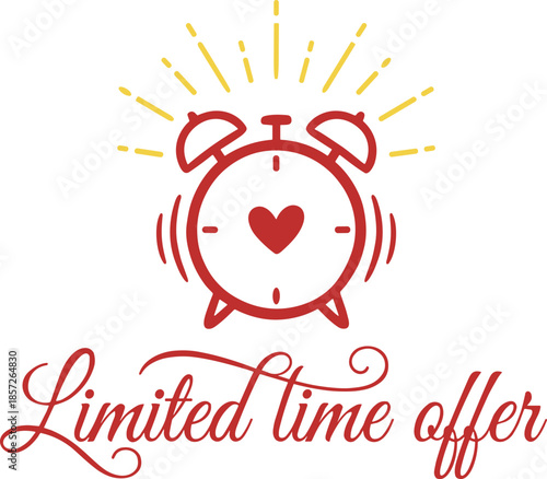 Limited time offer romantic alarm clock illustration with heart icon and handwritten typography for marketing promotion urgency concept