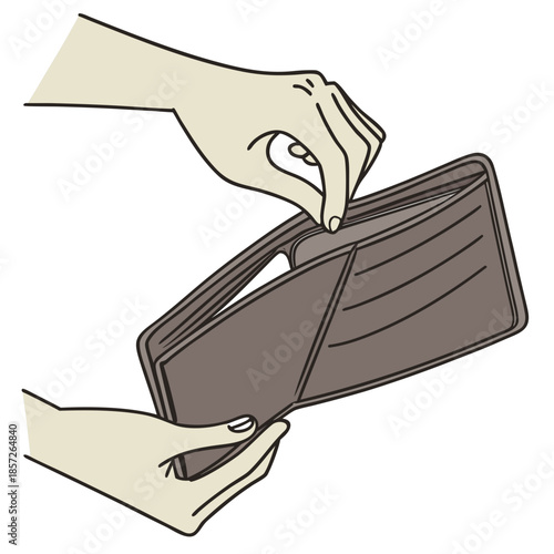 An illustration depicts two hands opening a brown wallet showing an empty interior and symbolizing financial concerns or lack of
