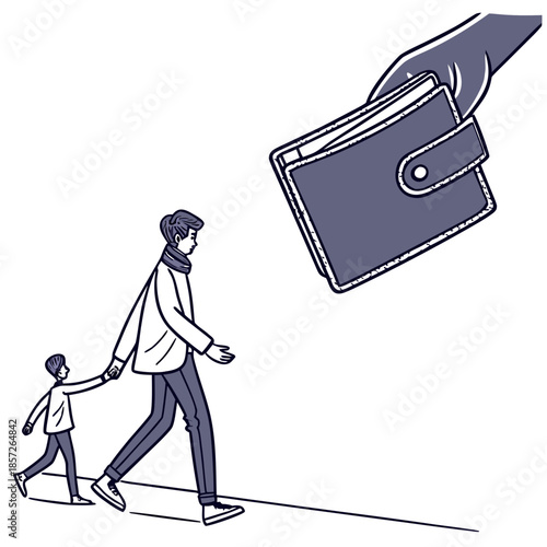 A father and child walking together while a wallet floats above suggesting financial responsibility and family support
